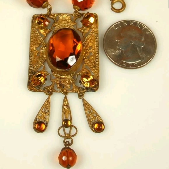 ART DECO CZECH Necklace 1930s Signed Lavalier TOPAZ CITRINE PASTE 15 in Choker - Picture 3 of 12